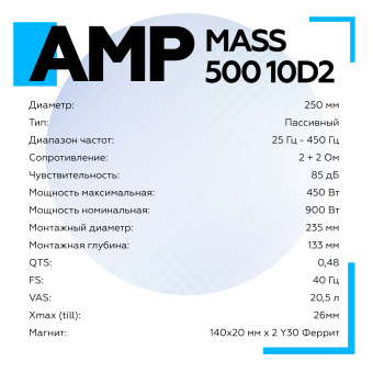 Сабвуфер AMP MASS 500 10D2 (2+2 Ом, rms500)